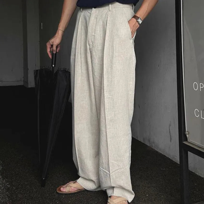 Men's apricot wide-leg cotton linen trousers with micro-elastic waist and pencil leg opening