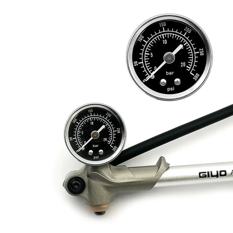 Mountain bike air fork pump with 300 psi gauge and rotating hose, black colour option
