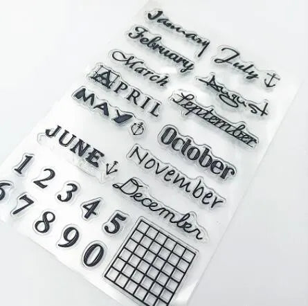 Transparent silicone calendar seal stamp with vintage digital table design for craft projects