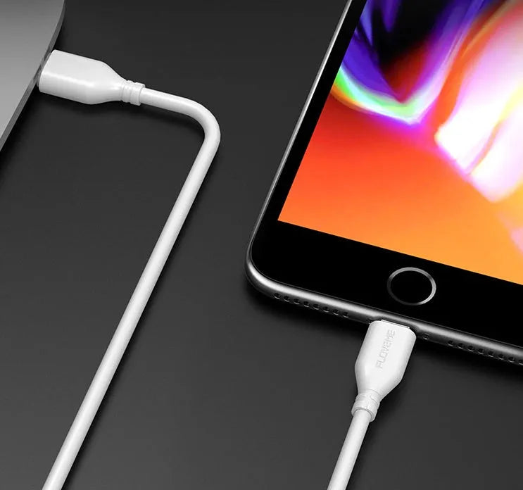 White braided USB-C to Lightning charging cable for Apple iPhone and iPad.