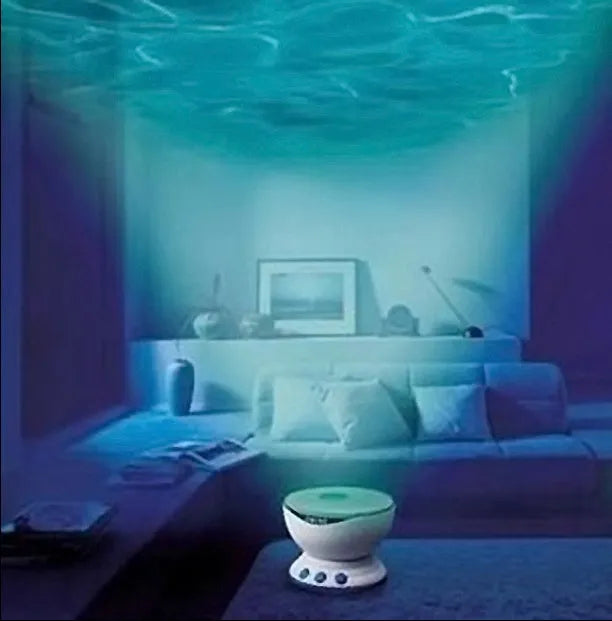 Blue ocean LED projection lamp showing DLP trapezoidal correction for children's puzzle environments