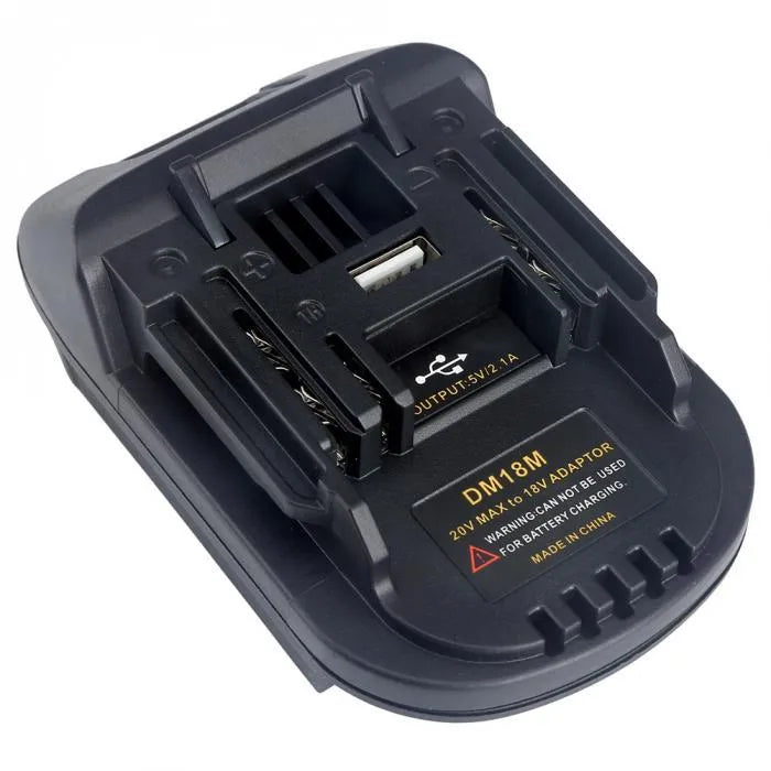 Black Milwaukee DM18M to MAKITA H99F battery power tool adapter, showing connector ends.