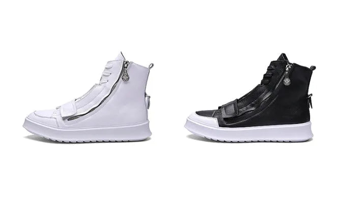 Black and white PU leather men's winter ankle boots in high-top sneaker style with size chart showing measurements from 24.0cm to 26.5cm