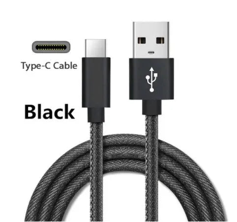 Denim fabric Type-C charging cable with aluminium alloy connectors in black, blue or red colour