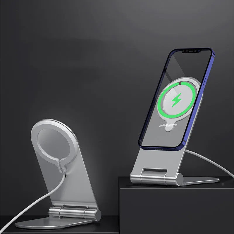 Silver vertical adjustable magnetic phone bracket for iPhone12 on a grey background.