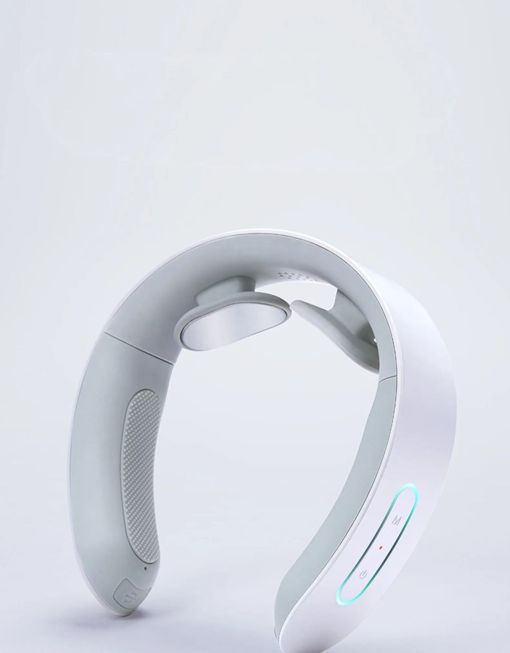 White electric acupressure massager with heat therapy for neck and shoulder pain relief.