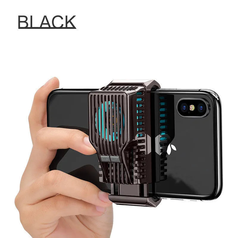 Black mobile phone cooling fan with clip attached to a smartphone, showing aluminium alloy heatsink fins.