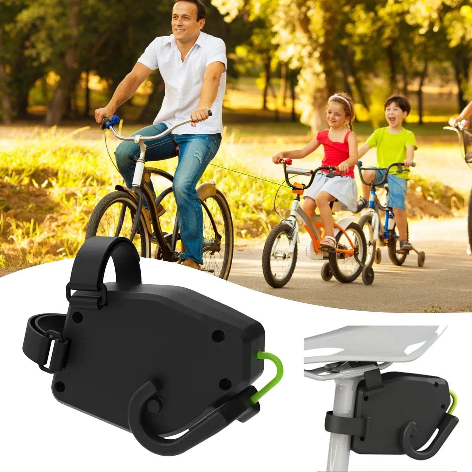 Black plastic/resin bicycle trailer traction device with trailer rope for mountain bike towing