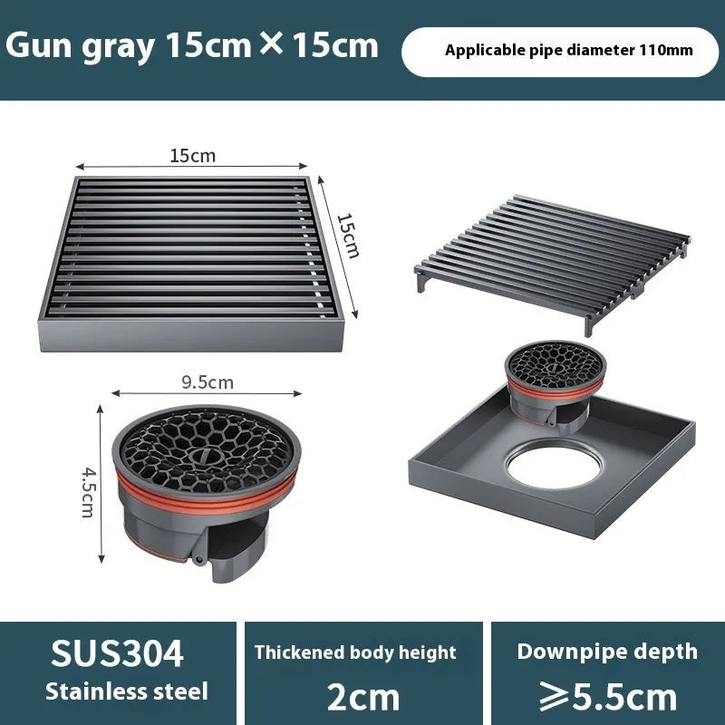 Gun grey 304 stainless steel courtyard floor drain with a 15x15cm ABS plastic core insert.