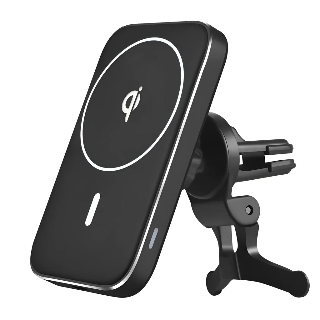 Black M6 magnetic wireless car charger bracket mounted on vehicle dashboard charging smartphone