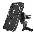 Black M6 magnetic wireless car charger bracket mounted on vehicle dashboard charging smartphone