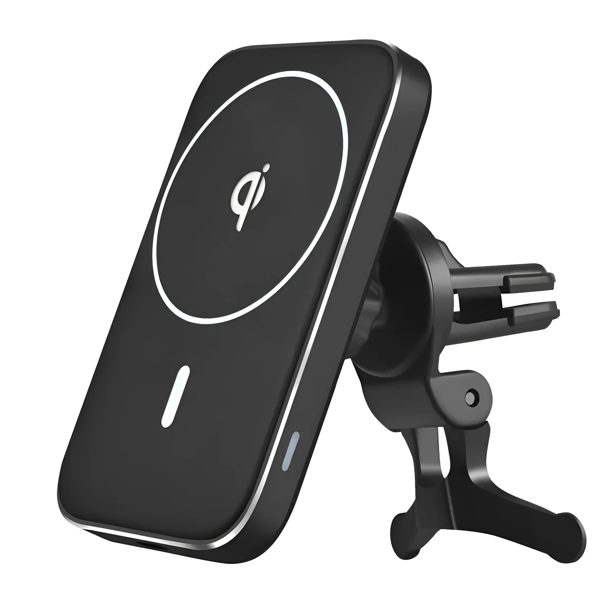 Black M6 magnetic wireless car charger bracket mounted on vehicle dashboard charging smartphone