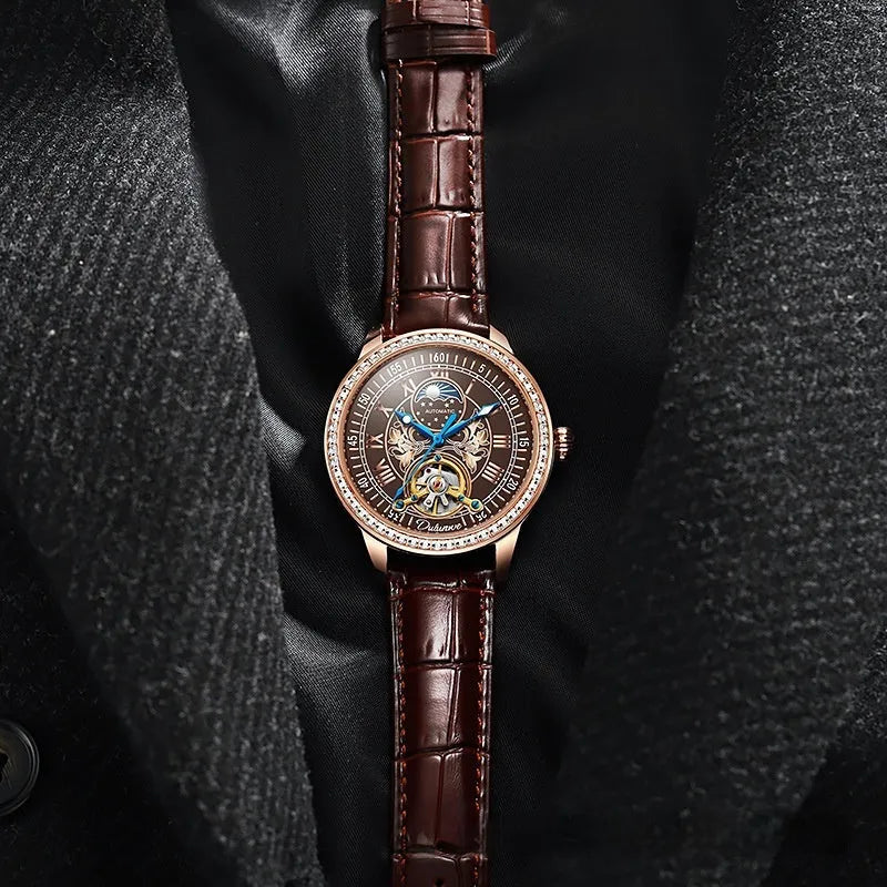 Men's waterproof mechanical watch with stainless steel case and multiple strap colour options