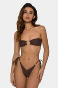 Brown women's tube-top push-up bikini swimsuit with ring tether detail