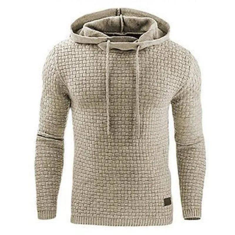 Men's black hoodie sweater made from cotton and polyester blend fabric.