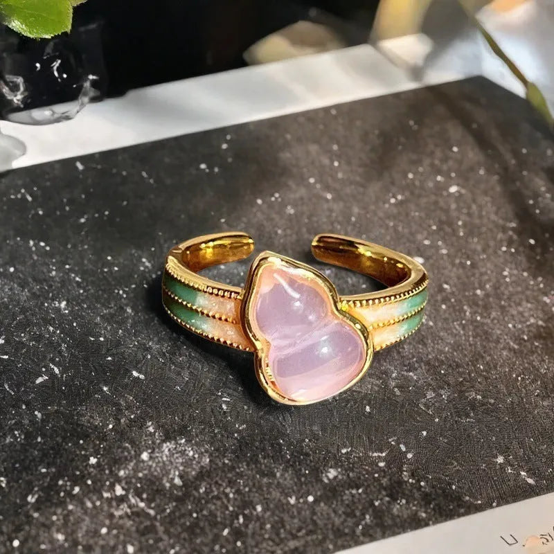 Copper adjustable ring with gourd design, flower and bow shapes, inlaid zircon detailing