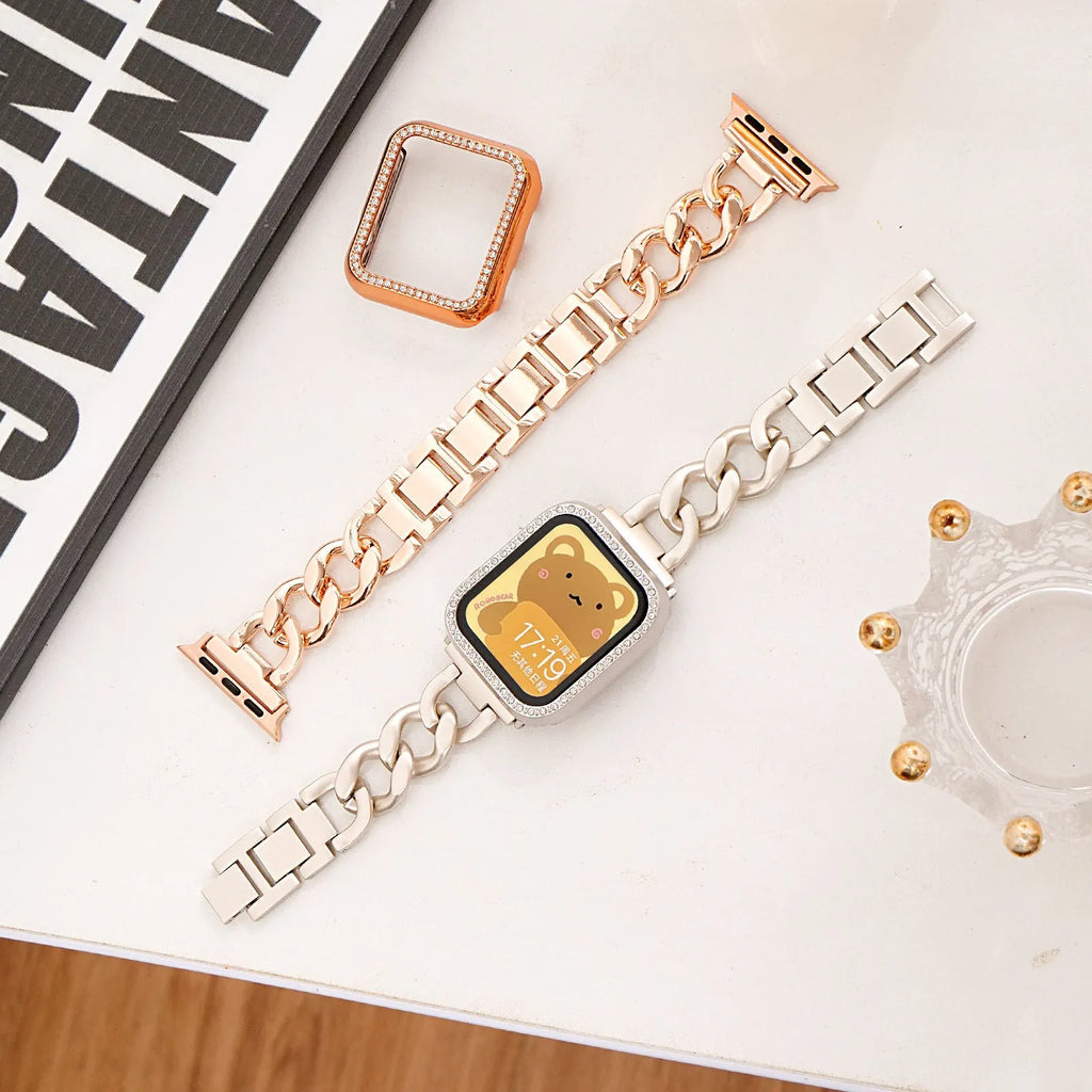 Denim-style cuff metal chain link Apple Watch replacement strap in silver, black, gold, rose gold, starlight.