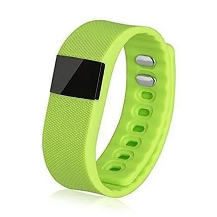 Bracelet pedometer with black plastic and ABS band showing display tracking steps, distance, calories and time