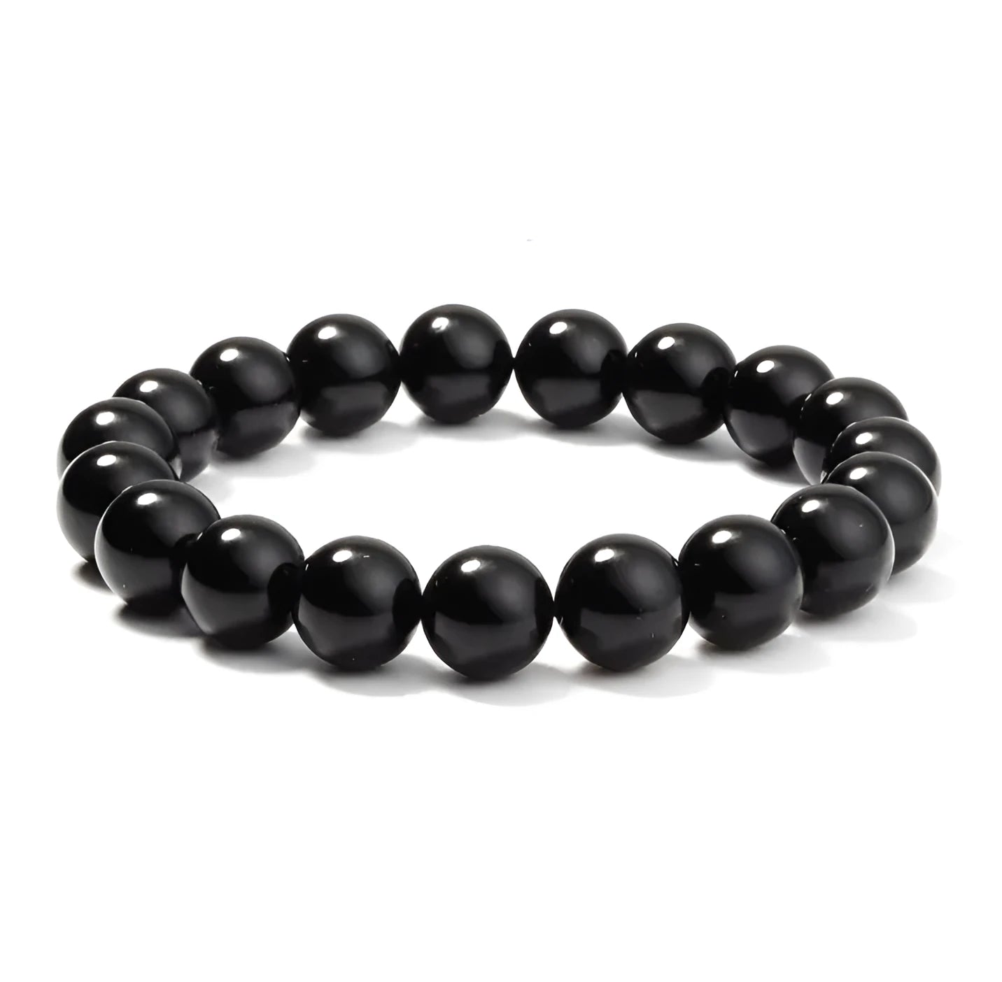 Women's geometric black agate bracelet with 8mm beads on a black elastic cord.