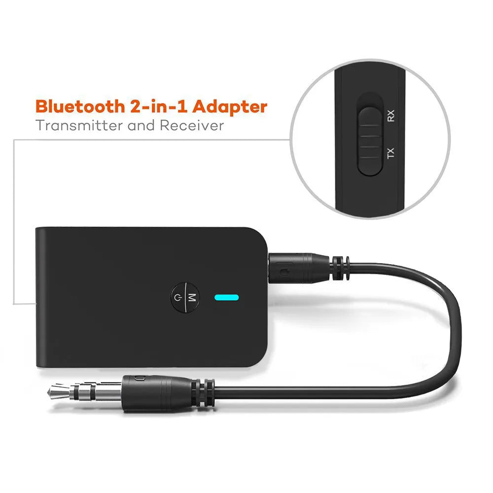 Black USB Bluetooth audio adapter with 3.5mm AUX plug for wireless streaming.