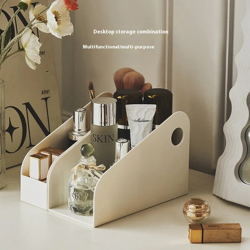 Desktop stationery storage box with two-tier grid design in milk coffee or ivory white colour