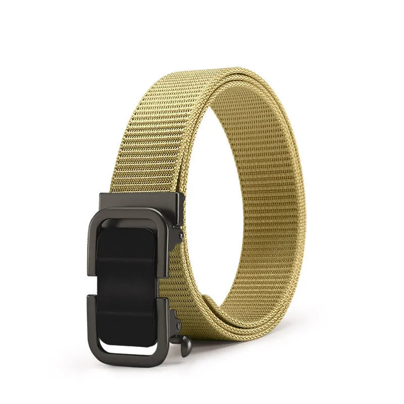 Men's nylon canvas belt in army green with an alloy buckle, laid flat showing 120cm length.
