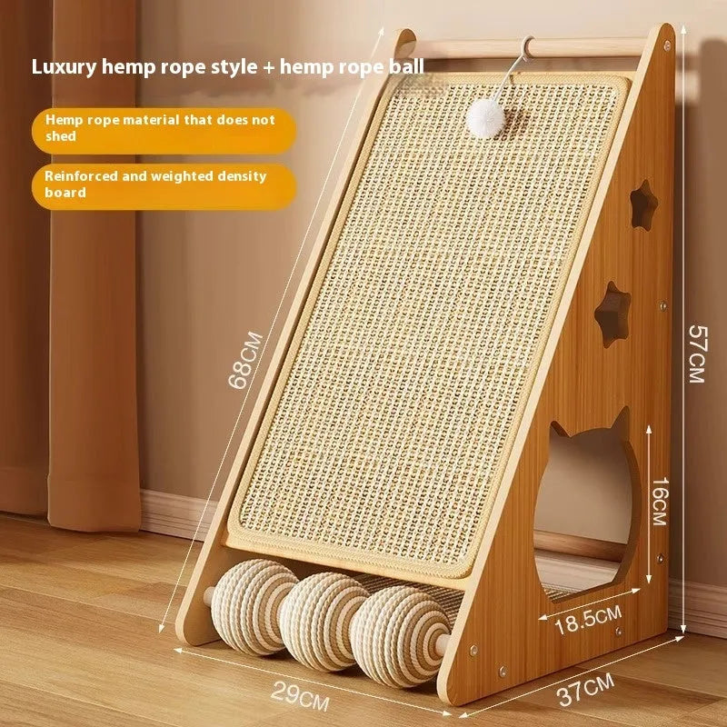 Vertical wall-mount cat scratch board with sisal fabric, hemp rope, and integrated teasing ball