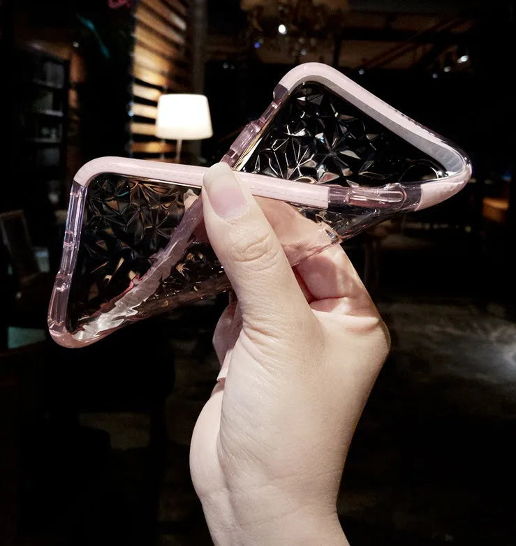 TPU striped back cover phone case for iPhone, shown in pink edge, white edge, and black border colour options.