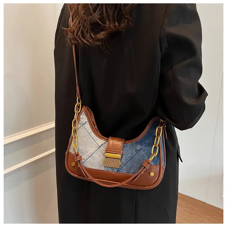 Brown denim women's shoulder bag with diamond chain straps and bucket shape
