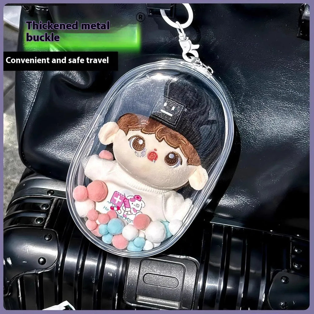 Transparent PVC cube storage bag for cotton dolls with zip closure, shown in avocado green colour.