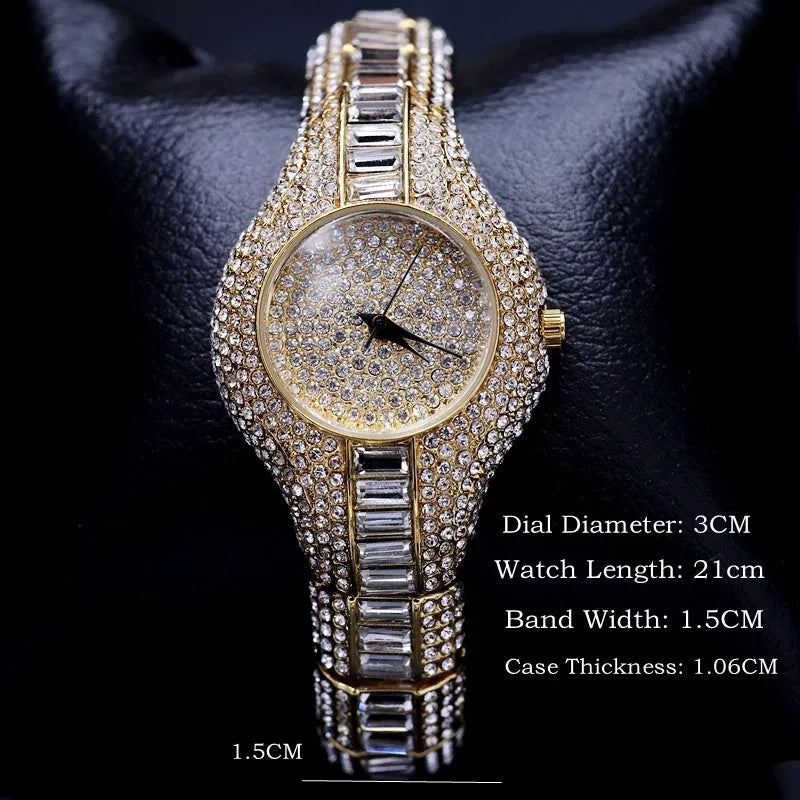 Gold alloy quartz women's watch with round dial, mineral glass mirror, and decorative inlay on brown background