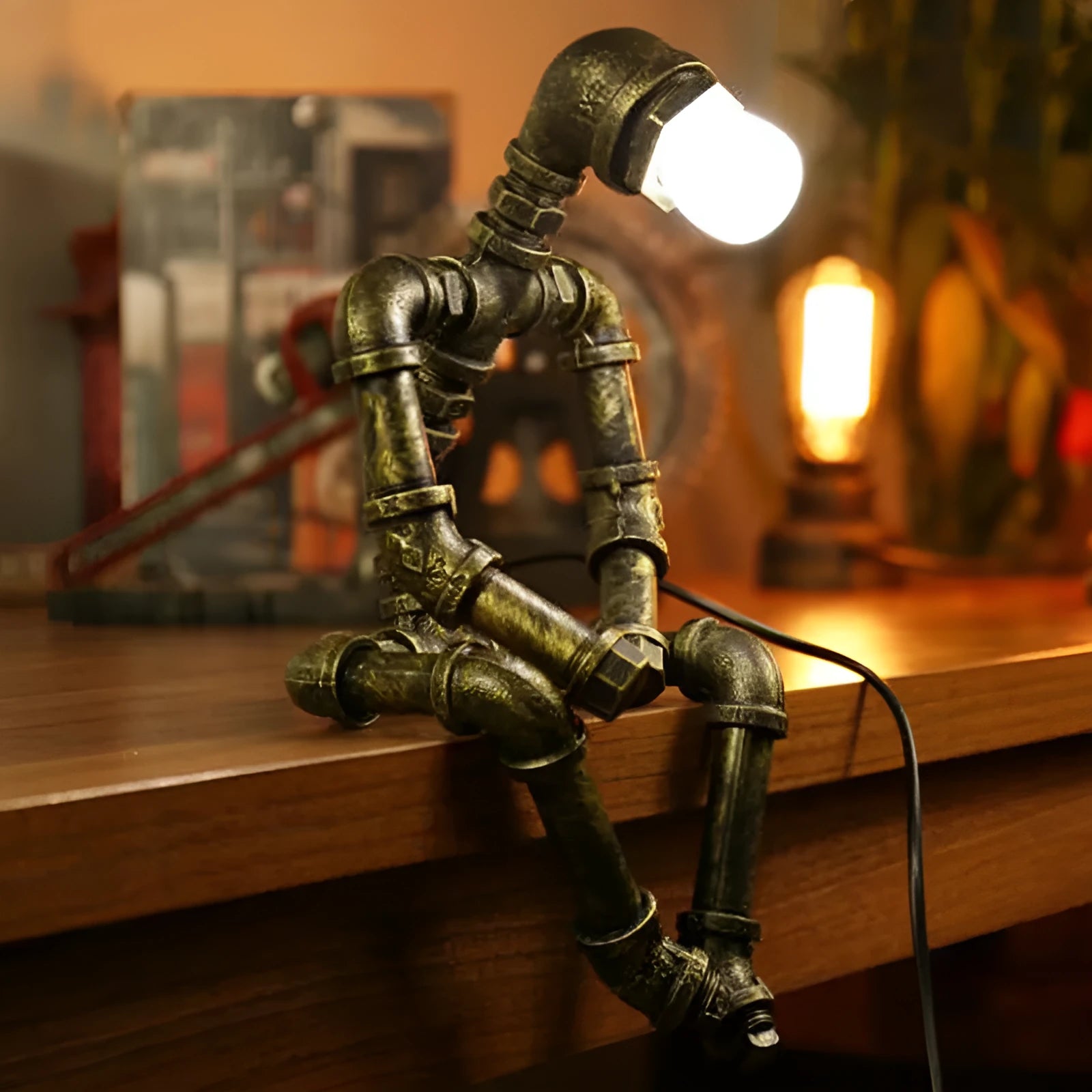 Vintage industrial robot table lamp with iron pipe design and water pipe light filtering