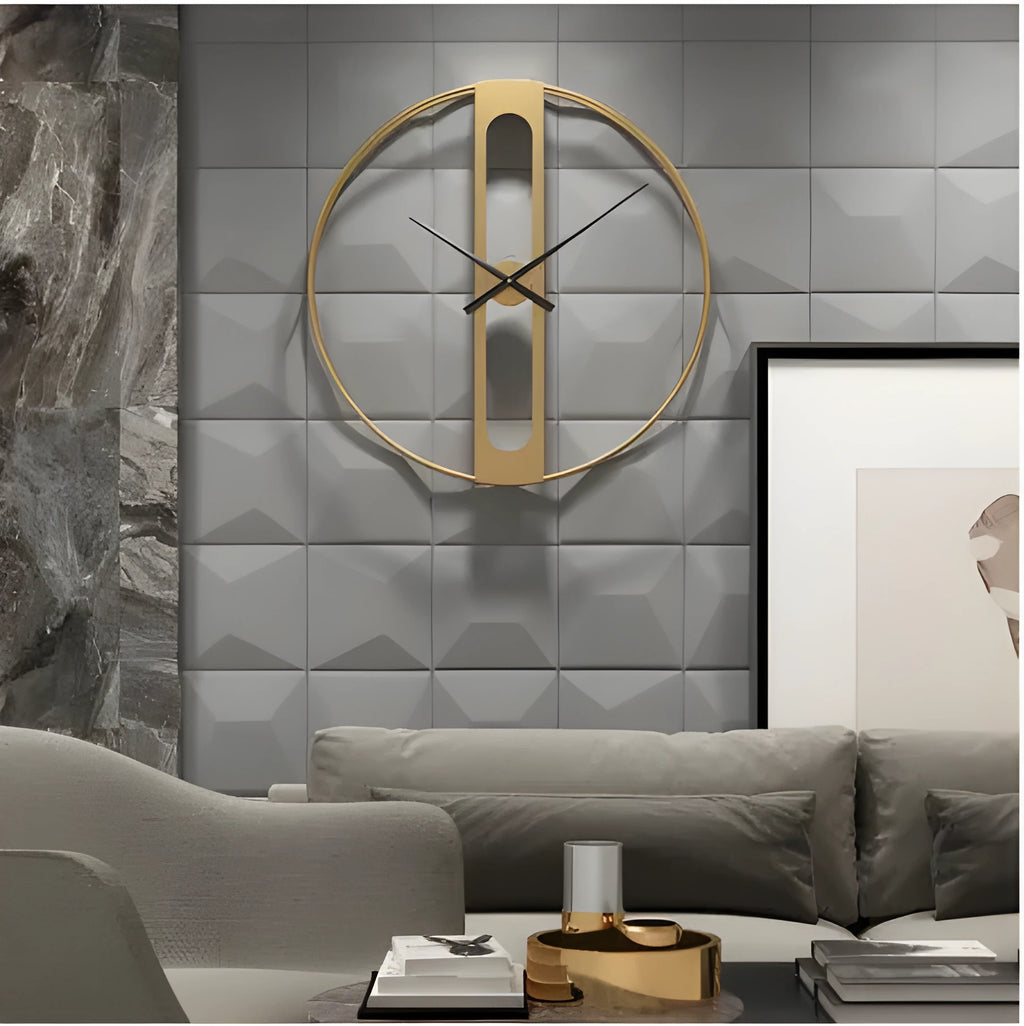 Large 50cm round metal wall clock in black or gold finish on a wall
