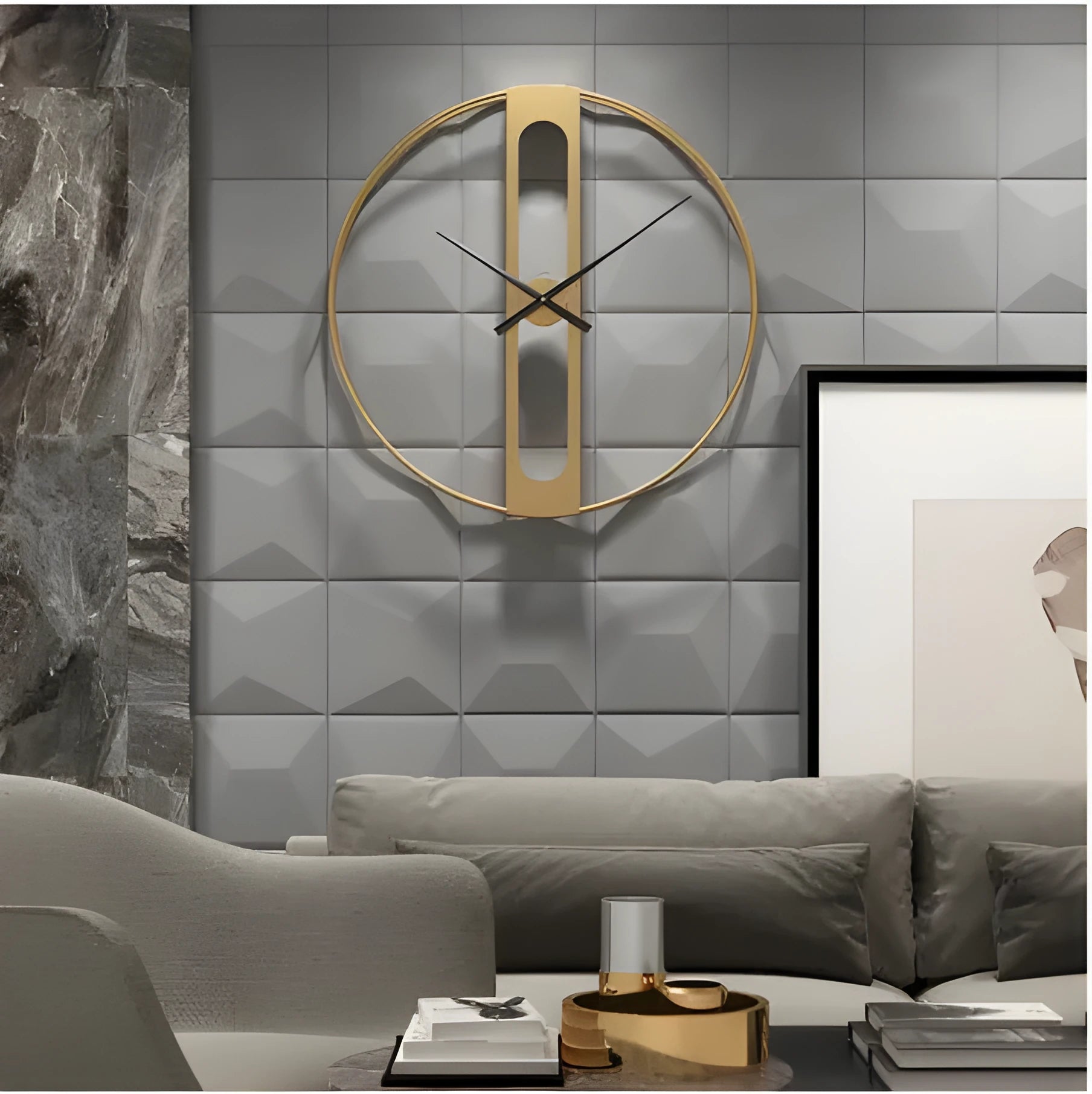 Large 50cm round metal wall clock in black or gold finish on a wall