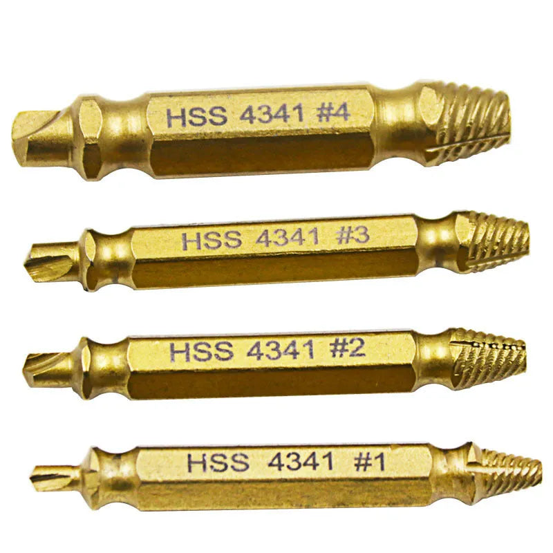 Premium screw extractor set with 4341 high-speed steel construction for removing broken screws