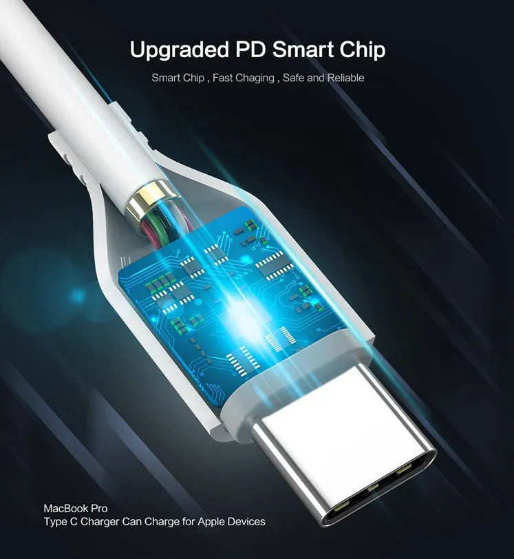 White braided USB-C to Lightning charging cable for Apple iPhone and iPad.