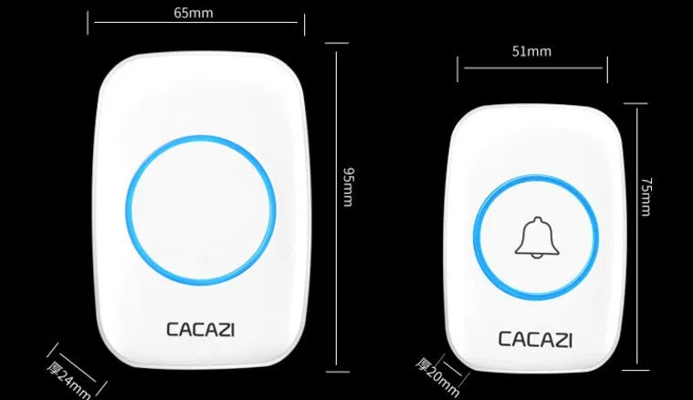 Wireless doorbell system with push-button transmitter and plug-in receiver unit showing 300m range and 36 melody options