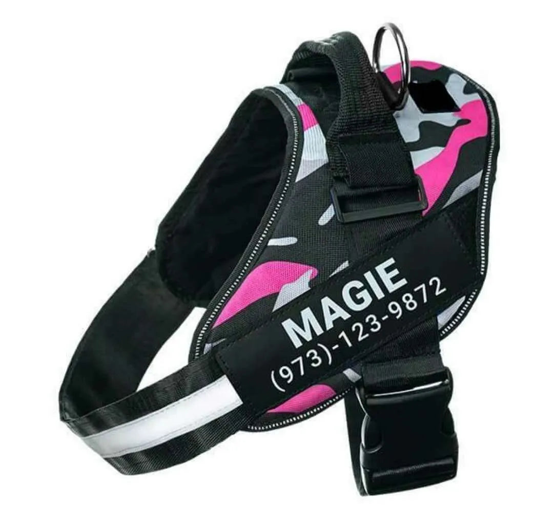A reflective adjustable dog harness vest shown on a dog, with a handle and D-ring for leash attachment.