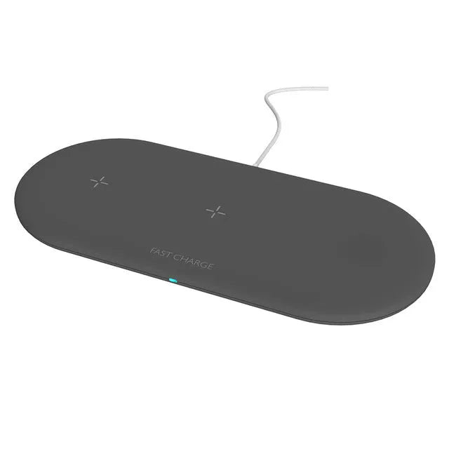 Black 3-in-1 wireless charging station for Apple Watch, phone, and headphones on a desk.