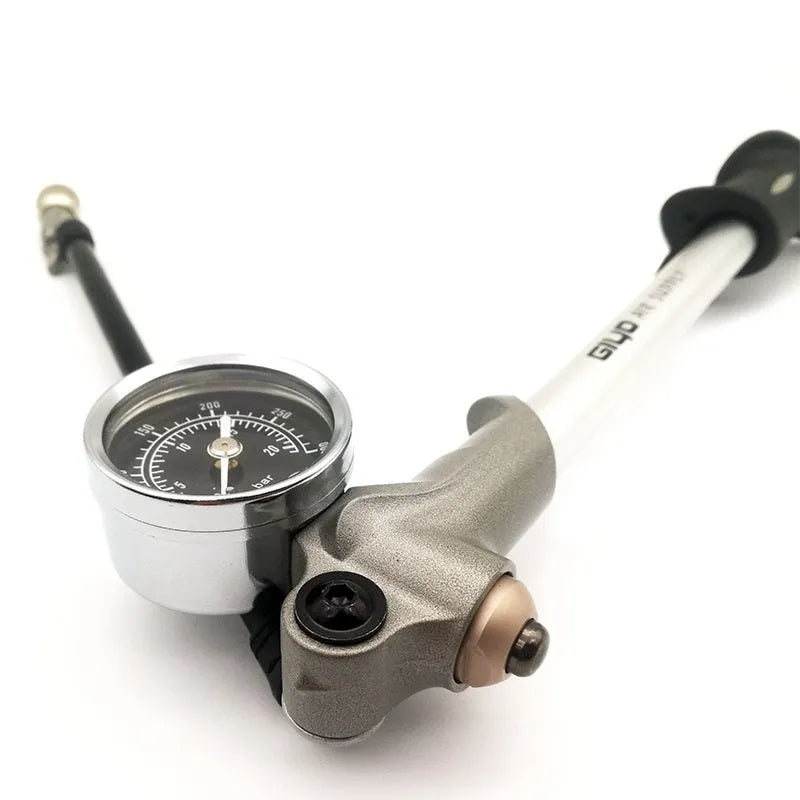 Mountain bike air fork pump with 300 psi gauge and rotating hose, black colour option
