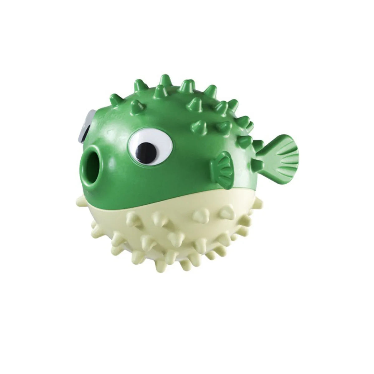Yellow vinyl fish-shaped dog chew toy with textured surface and squeaker.