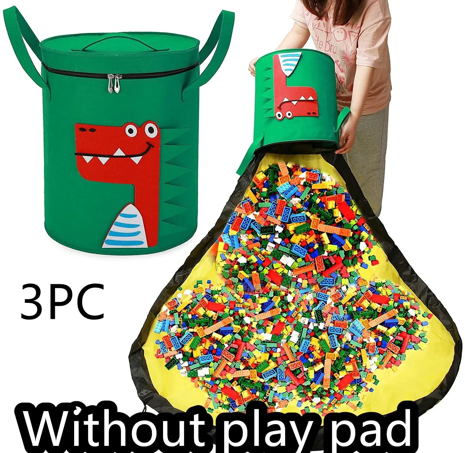Green felt cube storage bag with a pull rope, laid flat as a play mat.