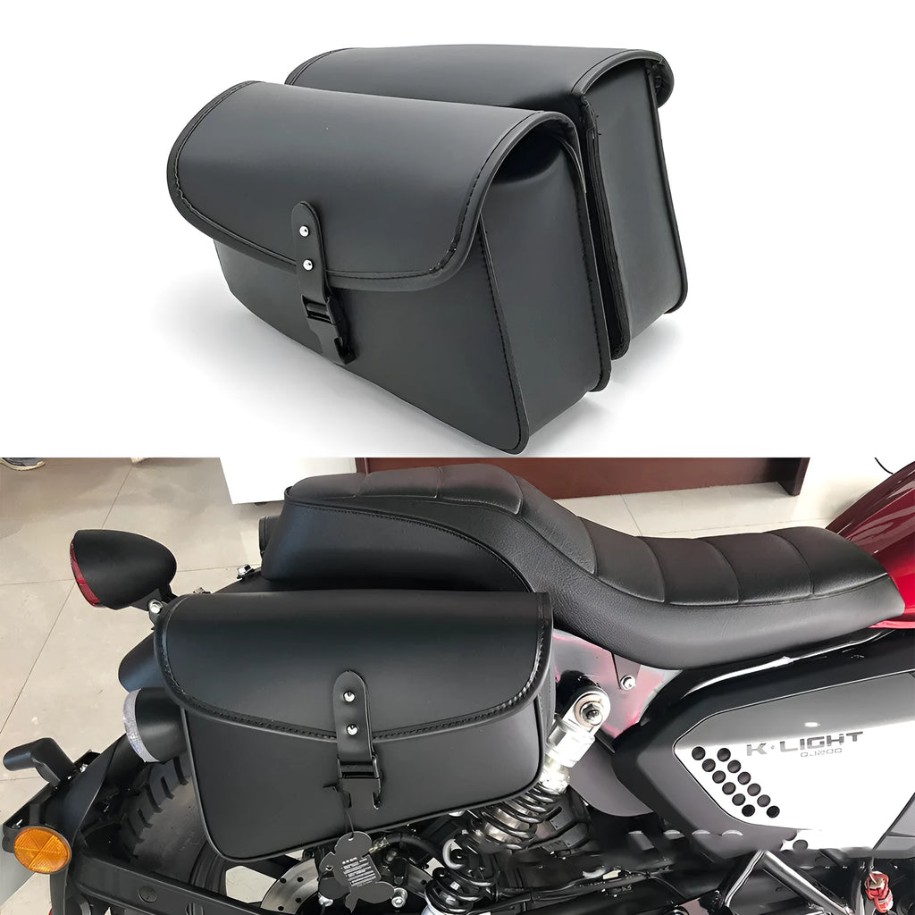 Black PU leather motorcycle swingarm saddlebag mounted on Harley Sportster