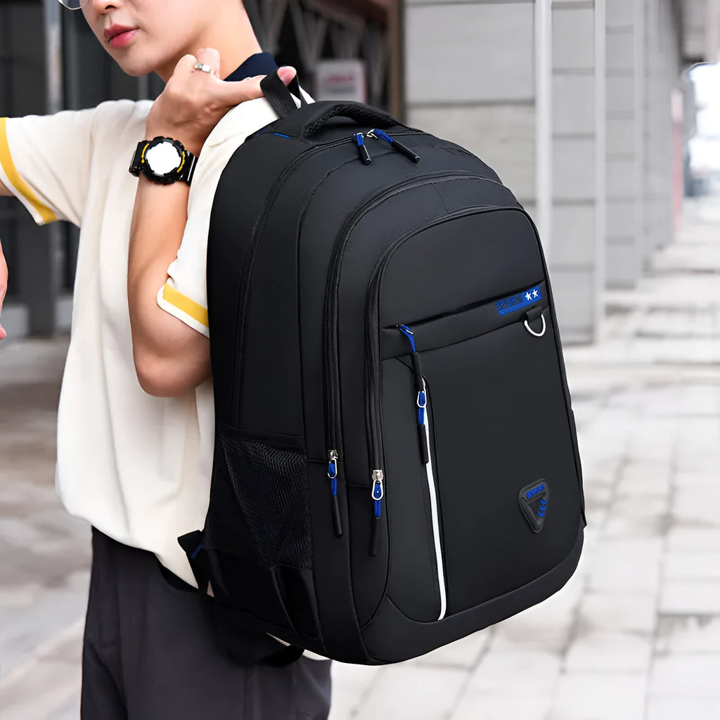 Men's Oxford cloth schoolbag in red colour with letter pattern and air pillow burden reduction belt