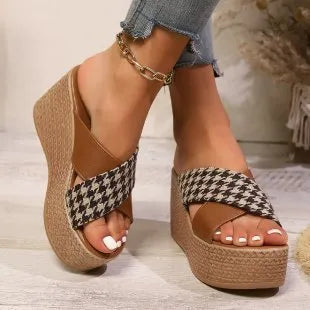 Brown and black leopard plaid pattern wedge sandals with rubber soles