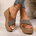 Brown and black leopard plaid pattern wedge sandals with rubber soles
