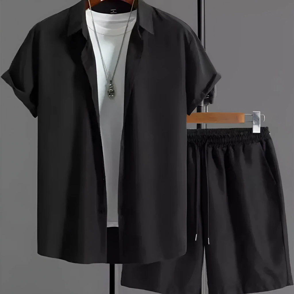 Men's jacquard short sleeve suit set in black with matching shorts, showing front view