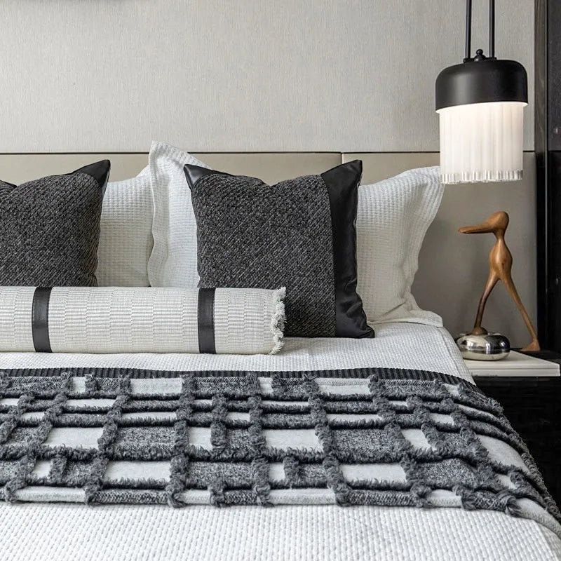 Modern grey and white plaid bed runner set with leather round pillow on 1.5m bed