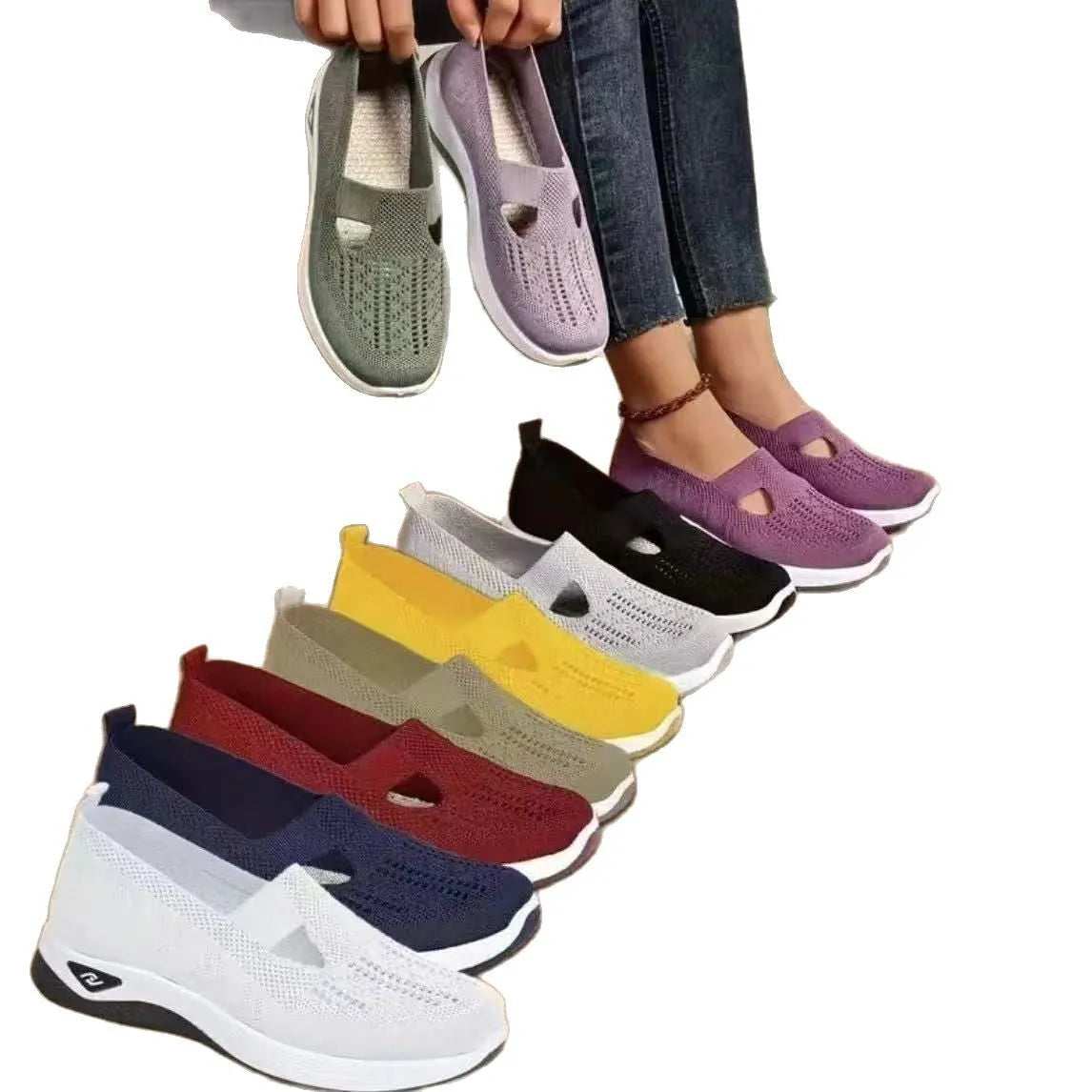 Women's casual mesh T-strap shoes with soft PVC sole in multiple colour options
