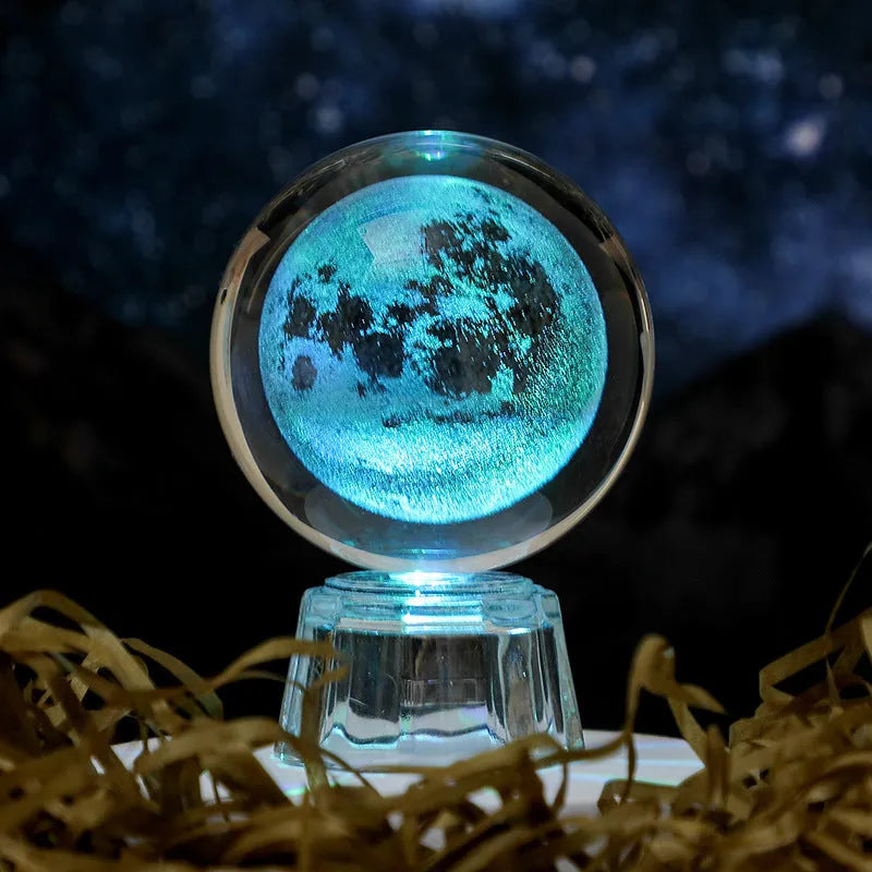 White crystal ball ornament with inner carving on fixed base for tabletop display